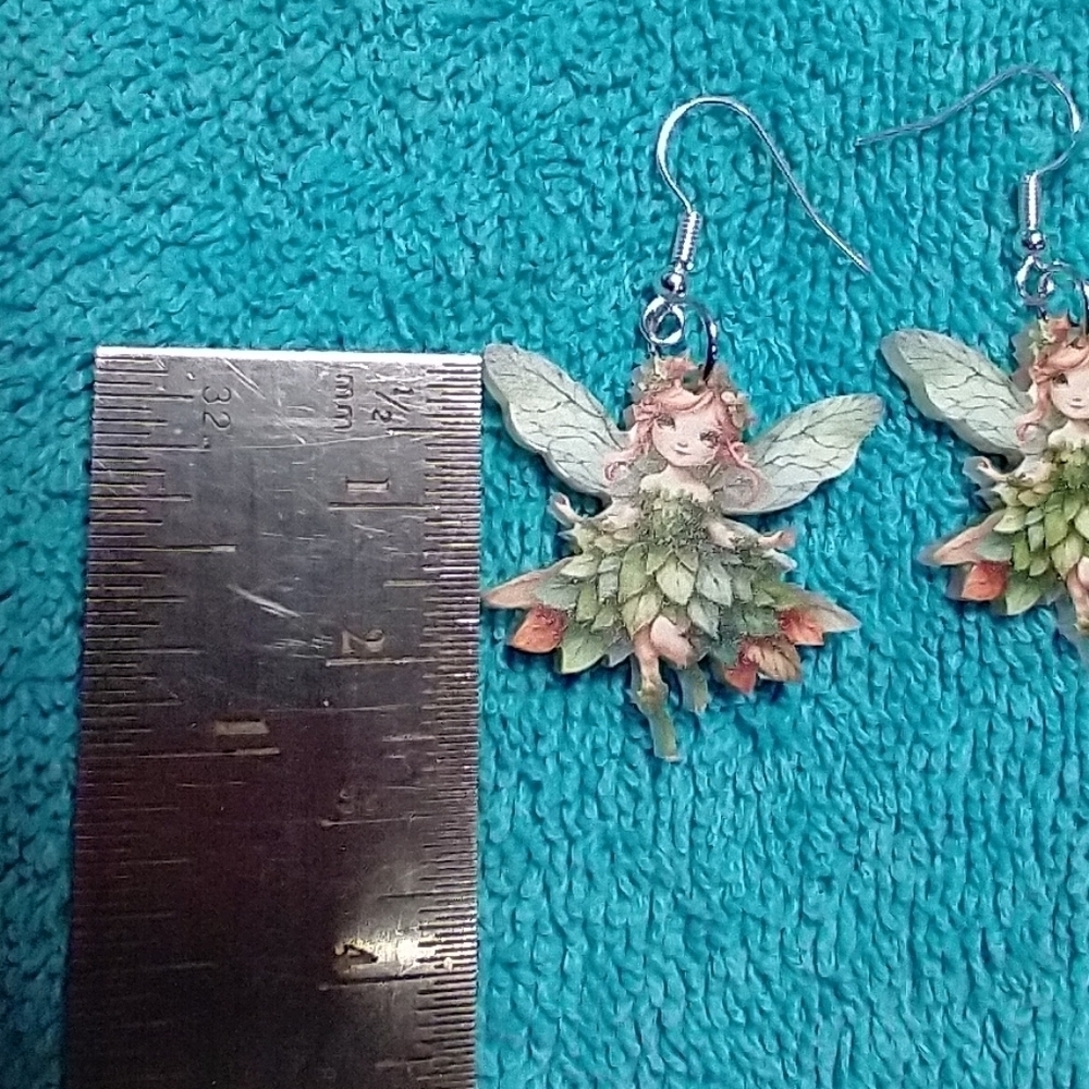 Fairy fae green orange white wings wire earrings - Picture 2 of 3